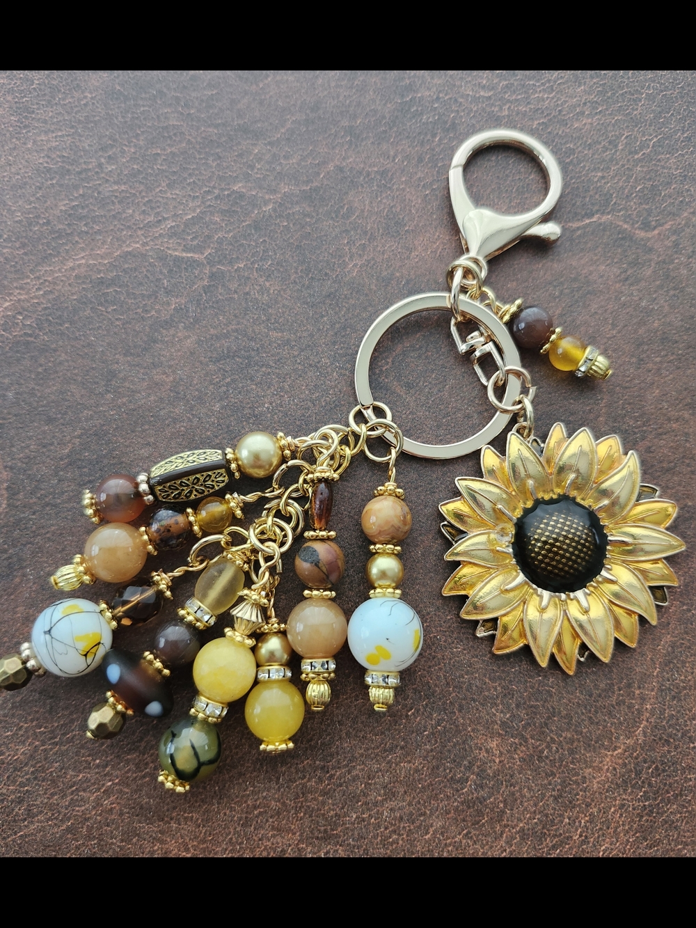 Sunflower Purse Charm or Keychain Jasper Agate Stone Glass Handcrafted